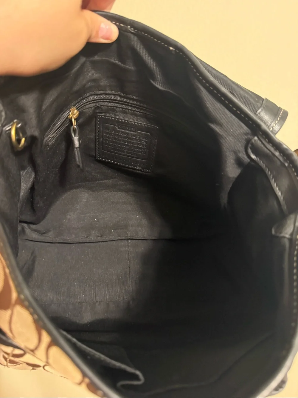 Coach Tan Signature Canvas Shoulder Bag with Black Trim